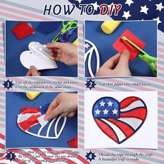 24 Set Veterans Day Patriotic Suncatchers Crafts DIY American Flag Crafts Window Tissue Paper Kit Independence Day Hanging Decor for Home Activities Window Art(Patriotic)
