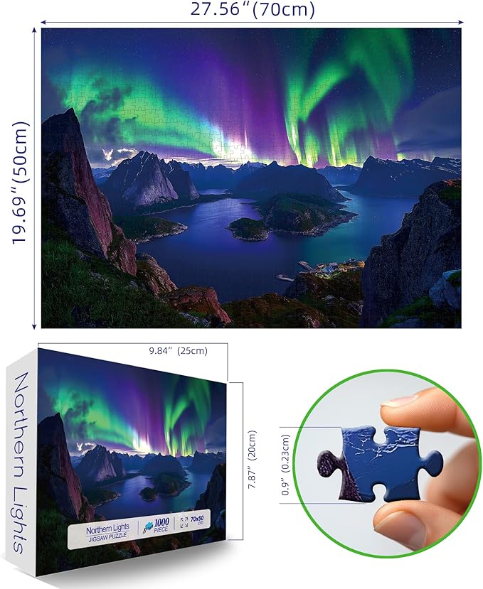 Blueforest 1000 Piece Puzzle for Adults - Breathtaking Northern Lights Fjord Landscape, 27.5x19.7 Inches Premium Jigsaw Puzzle for Game Nights Relaxation & Home Decor