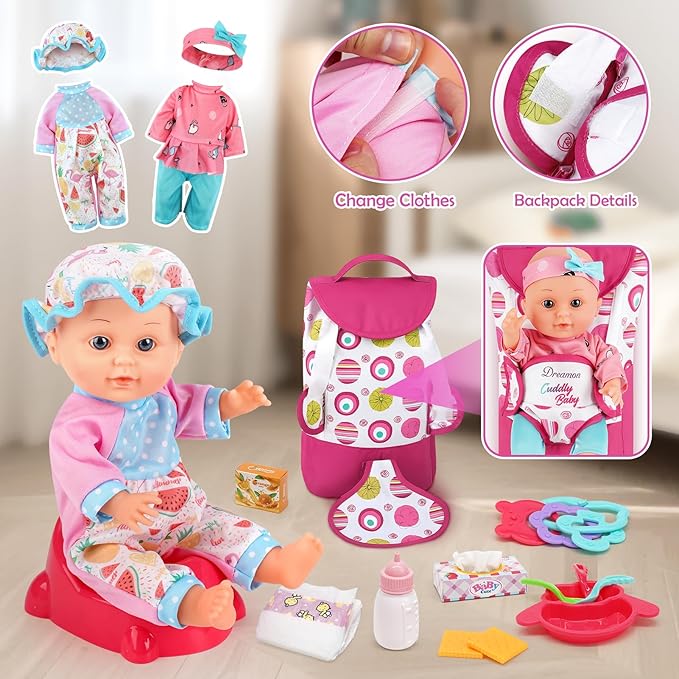 Baby Doll Stroller Set with 12.5" Doll, Baby Dining Table, Backpack with Carrier, 21 PCS Baby Doll Accessories Stroller Toys, 2 Sets Doll Clothes, Feeding Set Girls Toddlers Gifts for Pretend Play