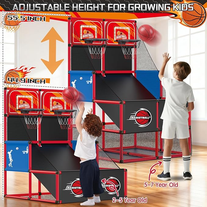 Upgrade Dual Basketball Arcade Game Kids Basketball Hoop with Electronic Scoreboard LED Light 6 Balls Indoor Outdoor Sports Toys Gifts for Boys Girls Ages 3-8 (Red)