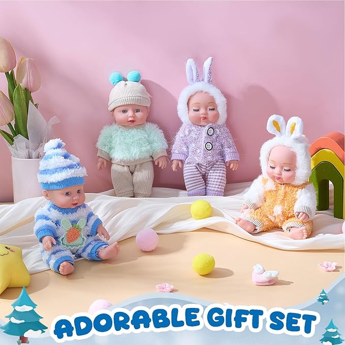 Halloscume 7 Inch Mini Baby Mini Reborn Doll Vinyl Full Body Lifelike Dolls Baby with Weighted Cloth Reborn Gift Set for Kids, Gifts for Christmas Kids(4 Pcs,Winter)