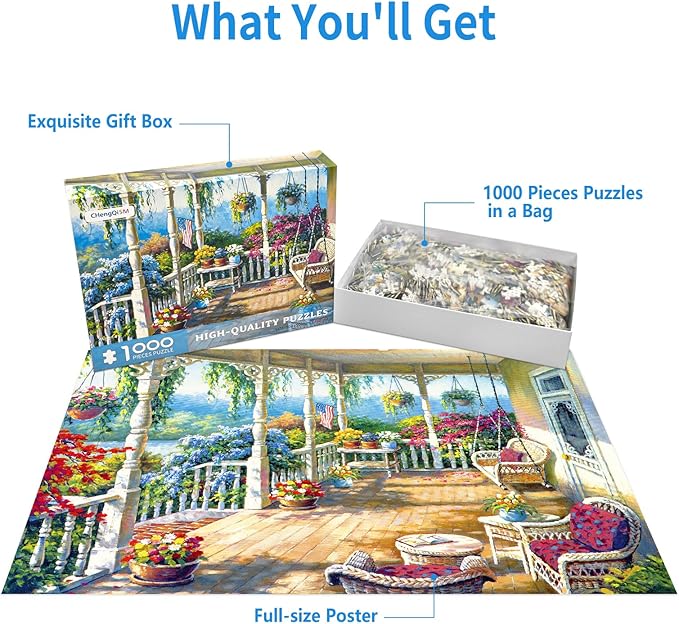 1000 Piece Puzzle for Adults, Floral Front Porch Puzzles for Adults 1000 Pieces, Floral House Porch Jigsaw Puzzles 1000 Pieces Charming Flowering Portico Puzzle Oil Painting Puzzles for Seniors Teens