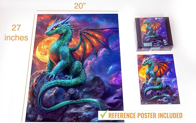 1000 Piece Jigsaw Puzzle for Adults - Gothic Fantasy Dragon Under The Moonlight - Challenging Puzzle Perfect for Game Nights - Colorful and Unique - 20x27 inches (Dragon Eclipse)