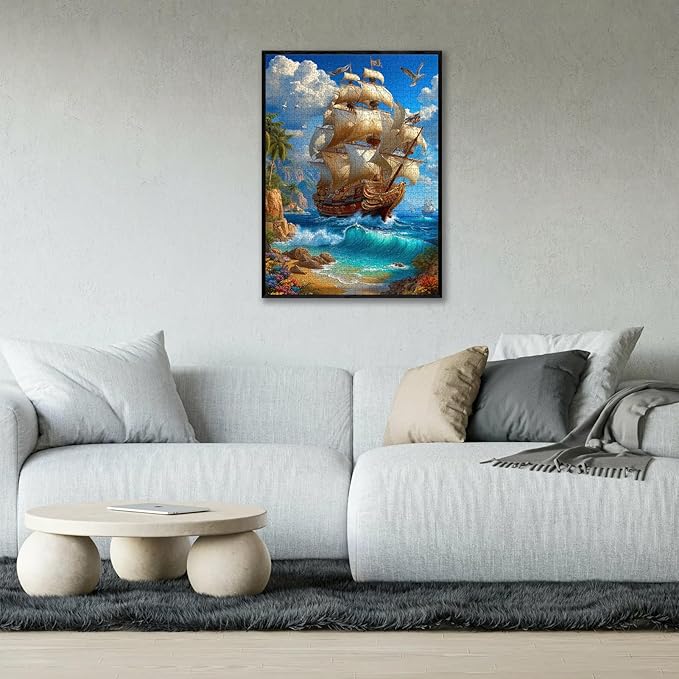 Golden Galleon Sailing Ship Jigsaw Puzzle for Adults 1000 Pieces - Tropical Island Coast Adventure Scene, 28”x20” Panoramic, Lettered Back, Premium Nautical Home Decor & Pirate Gift