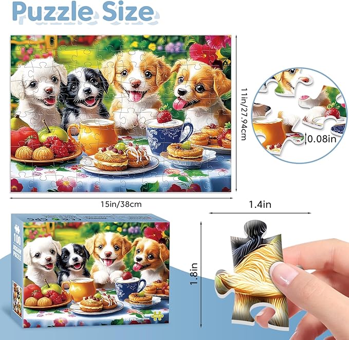 100 Piece Puzzles for Kids Ages 4-6 6-8 8-10, Dogs Tea Break Educational Jigsaw Puzzles, 100 Piece Large Piece Jigsaw Puzzles for Adults Teens Family Kids Puzzles 5-8 Gifts for Girls Boys