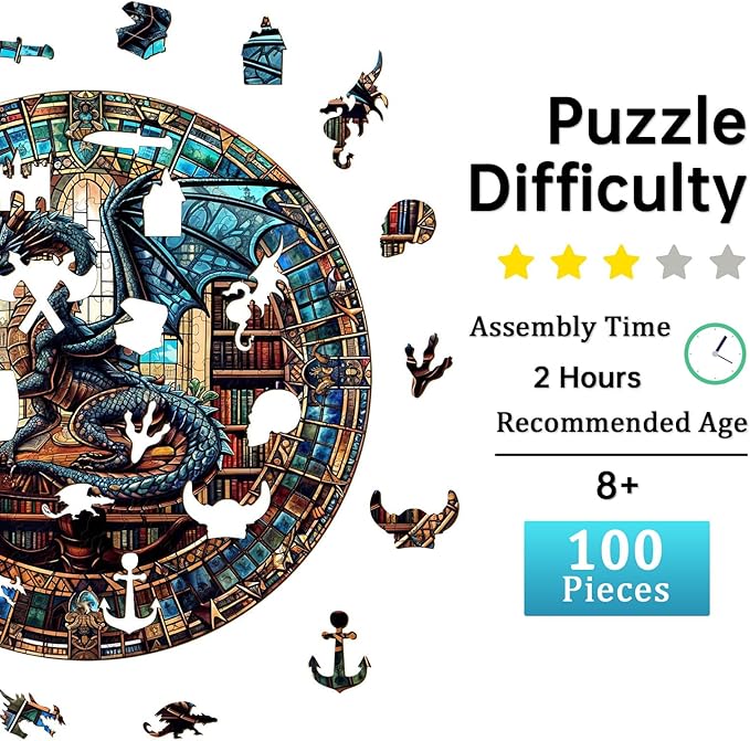 Jigfoxy Wooden Puzzles for Adults, Dragon's Library Wood Puzzles Adult, Unique Animal-Shaped Wooden Jigsaw Puzzles, Christmas Thanksgiving Gifts for Family and Friends (S-8.5 * 8.5in-100pcs)