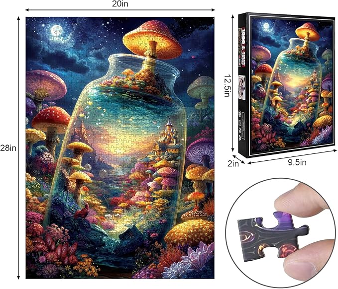 Magical Bottle World 1000 Piece Puzzle for Adults - Fantasy Mushroom Castle & Moonlit Night Art, Lettered Backing, 20"x28" HD, Premium Gift for Fantasy & Nature Lovers