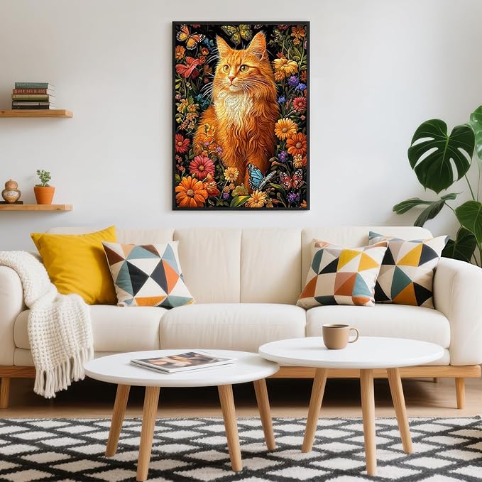 Orange Cat & Butterfly Puzzles for Adults 1000 Pieces, Floral Jigsaw Puzzle with Letters on Back, 20x28 Inch Wall Art, Challenging Family Game, Easter