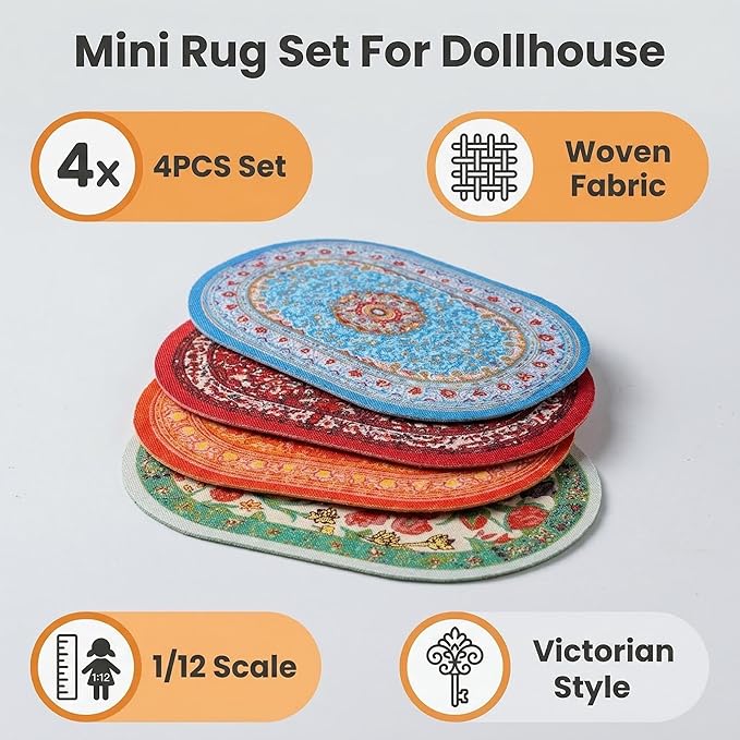 4pcs Dollhouse Rug Sets,1/12 Miniature Accessories Kits for Dollhouse and Decorations,Which Including 4 Colors Welcome Floor Blanket Carpet for Furniture Indoors
