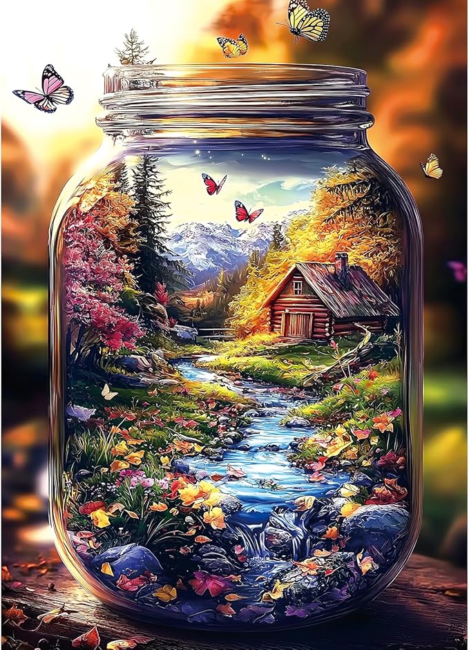 MINIWAN 1000 Piece Jigsaw Puzzle for Adults - Enchanted Mountain Jar with Log Cabin & Butterflies, 27.5x19.7 Inch Unique Art Puzzle, Challenging Hard Difficult Puzzles for Adults
