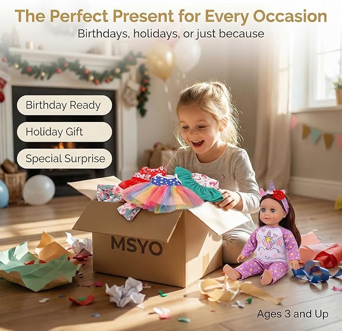 MSYO 10 Sets Doll Clothes for 17 - 18 Inch Dolls, Diverse Outfits (Floral, Polka Dot, Unicorn) & Accessories, Fashion Dress - Up Set for Girl Doll Play & Gifting