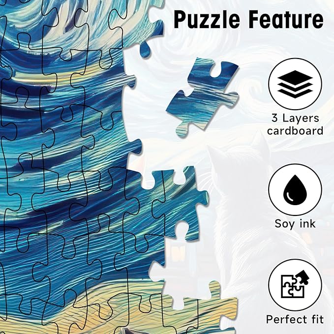 500 Piece Puzzles for Adults, Starry Night Cat Jigsaw Puzzle with Letters on Back, Art Animal Puzzle for Game Nights & Home Decor, 18×18 Inch Cardboard