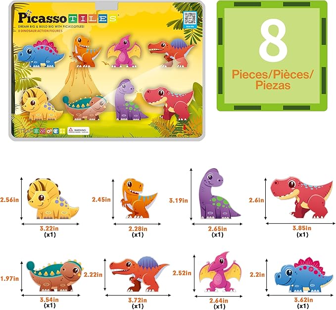 PicassoTiles Dinosaur Toys Magnet Tiles Building Blocks 8 Magnetized Action Figures Compatible Magnetic Construction Build and Play Tile Accessory Toy STEAM Educational Learning Toys Kids Ages 3+
