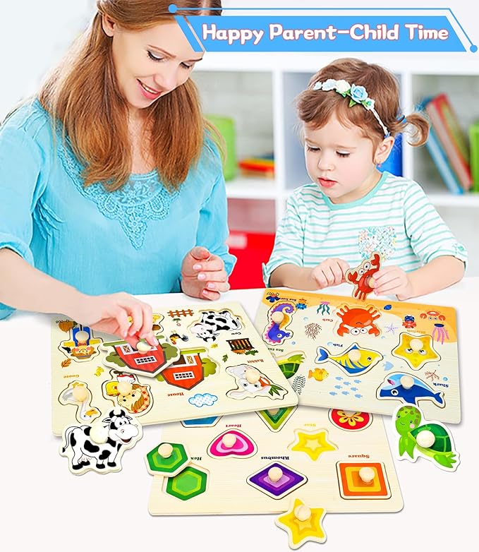 Wooden Peg Puzzles for Toddlers,Montessori Toddler Jigsaw for Child,Fine Motor Skill Learning Puzzle Toys for Baby Boys Girls Gifts-6 Pcs Shape,Farm,Sea Animal,Dinosaurs,Fruits,Animal
