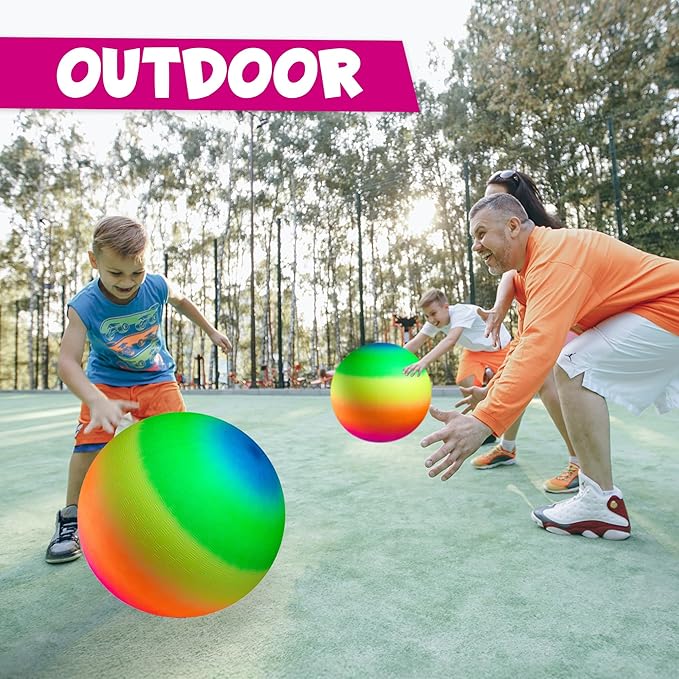 Bedwina 18 Inch Rainbow Playground Ball for Kids (Pack of 1 or 2) Jumbo Size Rainbow Inflatable Big Bouncy Kickball for Park, Giant Balls for Indoor and Outdoor Games with Hand Pump