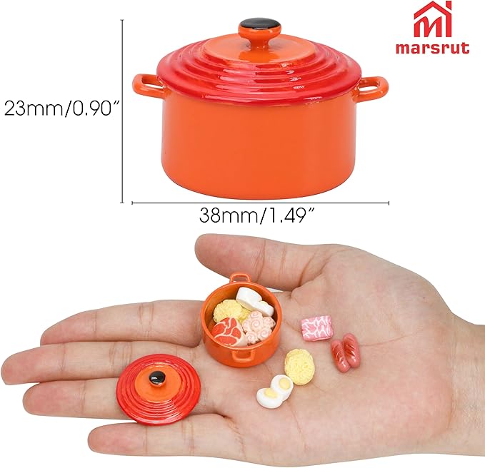 Miniature Cooking Pot & Food Set, 1/6 Dollhouse Cookware Pots & 10 Random Hot Pot Food Items, Kitchen Accessory Utensils, Minature Dutch Oven Stock for House Scene Model Decoration Accessories