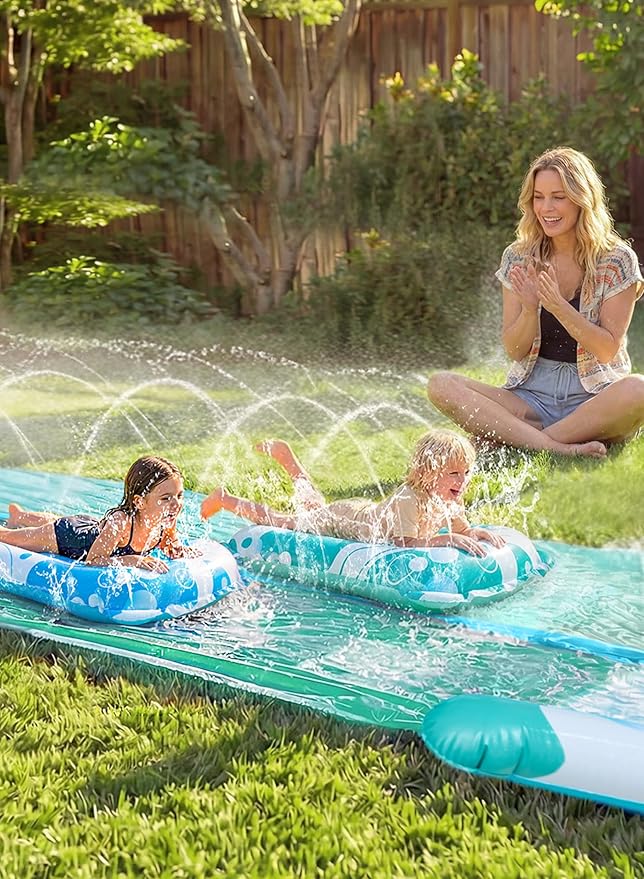 JOYIN 32.5FT Water Slide and 2 Inflatable Boards, Extra Long Heavy Duty Double Lawn Waterslide with Sprinkler for Kids Adults Backyard Summer Water Toy Outdoor Fun, Blue, Light Blue