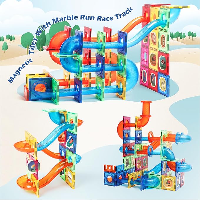 MAGBLOCK 176pcs Magnetic Tiles Marble Run Set with Ball Run Race Track for Ages 8+, Magnetic Building Blocks Magnet Game, Stem Educational Gifts Kids Toys for Girls & Boys Promoting Focus