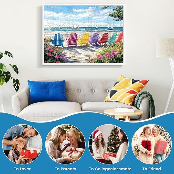 500 Piece Puzzles for Adults,Hawaiian Beach Rainbow Chair Puzzle for Adults Seniors,Recycled Paper Colorful Summer Sailboat Scene Jigsaw Puzzle,Challenging for Friends Men Women,20.5 * 15In