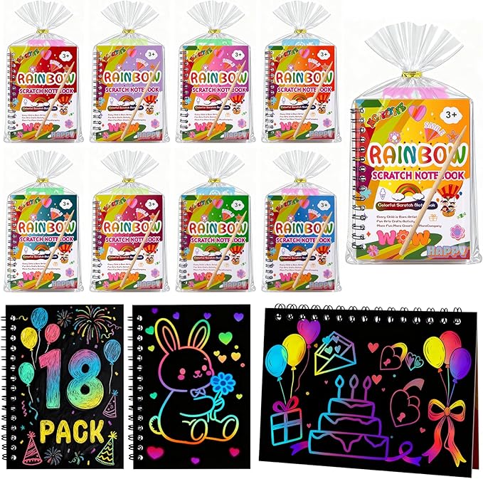 Scratch Art Crafts Party Favors, 18 Pack Rainbow Notebooks, Coloring Books Supplies Toys, Easter Basket Stuffers, Birthday Party Favors for Kids, Bulk Classroom Prizes for Toddlers