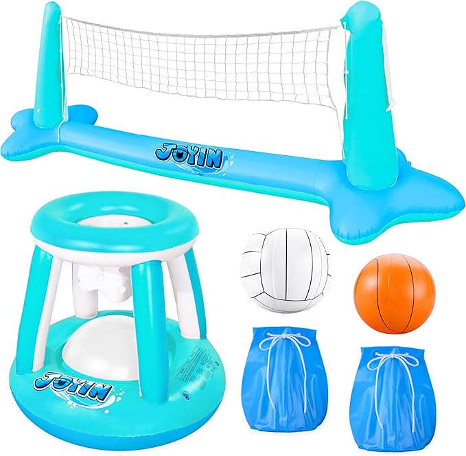 JOYIN XL Inflatable Pool Float Set, 125'' Volleyball Net & Basketball Hoops, Extra Large Floating Swimming Game Toy for Kids and Adults, Summer Floaties, Volleyball Court|Basketball, XL-Blue, Cyan