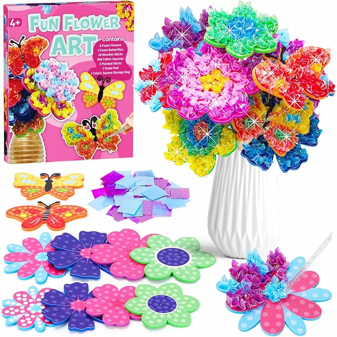 MUNDIDO Poke in Fun Art Flower Bouquet, Mess Free Paper Craft Kits for Kids, DIY Creative Activity Gifts for 6 7 8 9 10 Year Old Girls, Birthday Gifts for Girls Boys Age 5-12 Easter Basket Stuffers