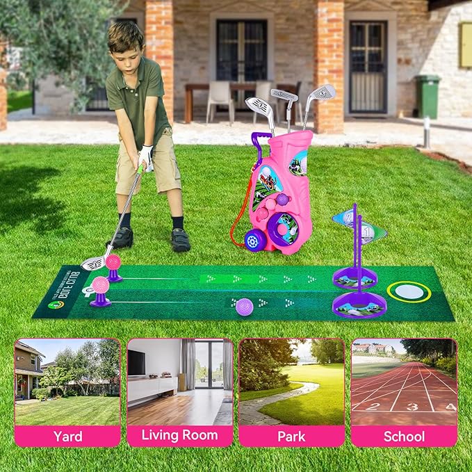 Toddler Golf Set with Shoulder Strap for Kids Ages 2-5, Portable Golf Clubs, Cart & Putting Mat - Indoor Outdoor Sports Toys -Pink