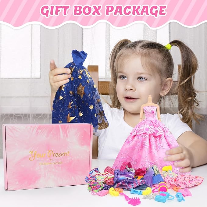 100 Pcs Doll Clothes and Accessories - 5 Wedding Gowns 10 Slip Dresses 2 Fashion Dresses 2 Tops 2 Pants 2 Bikini Swimsuits 10 Shoes and Accessories for 11.5 inch Dolls,Doll Dress up Toys for Girl Gift