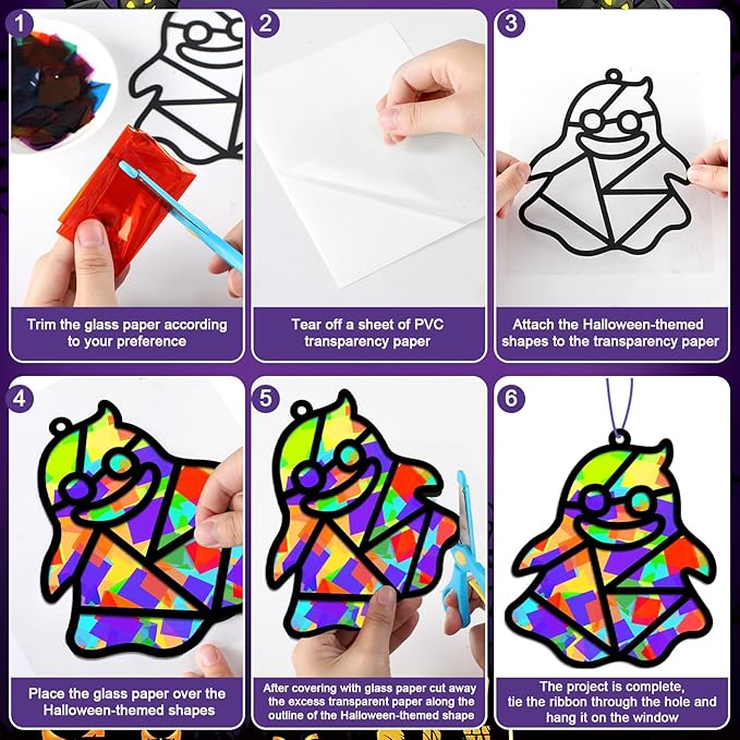 32 Sets Halloween Suncatchers Craft Kit DIY Window Stained Glass Effect Ghost Spider Skull Pumpkin Paper Crafts Home School Classroom Decoration Kid Birthday Gift Creative Art Project Activity Game