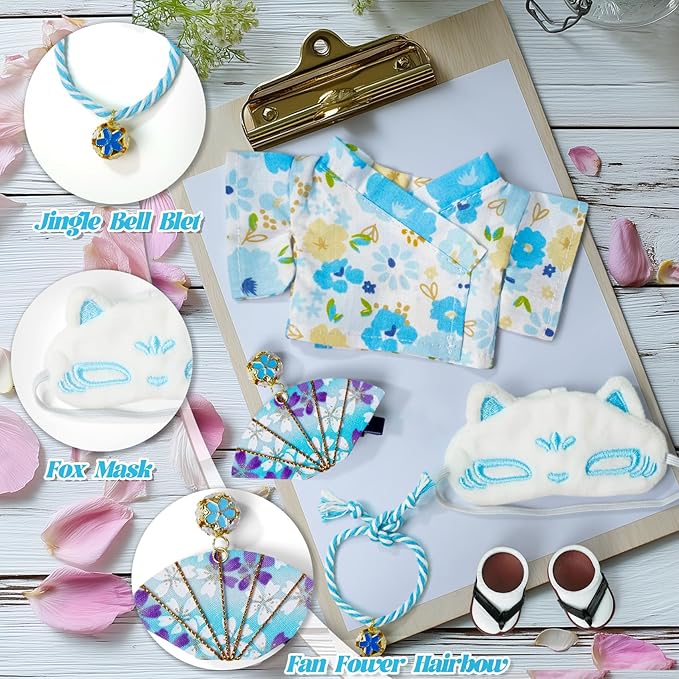 17cm Doll-Clothes-Set,Outfit Accessories Kimono Set for 6.7inch Dolls Boy, Kawaii Chic Style Flower Hairbow+Blue Clothing+Cute Mak+Clogs(NO Doll)