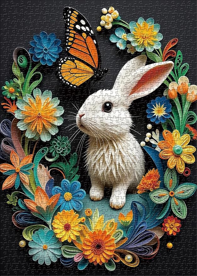 1000 Piece Flowers & Rabbit Jigsaw Puzzle, White Bunny with Monarch Butterfly & Colorful, 19.7x27.6 in for Adults & Teens 14+ (Flowers & Rabbit)