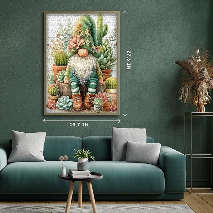 Cactus Gnome Puzzles for Adults 1000 Pieces Funny, Spring Succulent Plant Garden Cute Gnome Jigsaw Puzzles, Nature Flower Themed Challenging for Adults