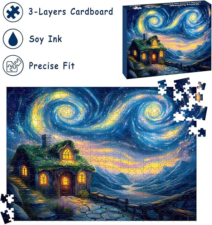 Puzzles for Adults 500 Pieces, Starry Night Jigsaw Puzzles 500 Pieces - Starry Cottage, Cottage Landscape Puzzles, Finished Size 20.47 * 14.96”, with 1:1 Poster, Letter on The Back
