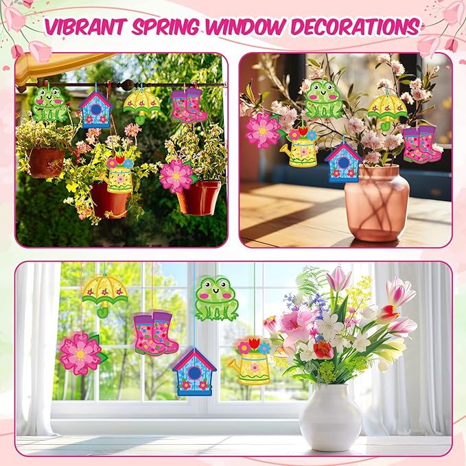 Feifeiya 24 Sets Spring Craft Kits Spring Suncatcher Crafts Flower Umbrella Rain Boot Tissue Paper Kit DIY Colorful Hanging Ornament for Springtime April Easter Window Art Activity Party Favors(Rainy)