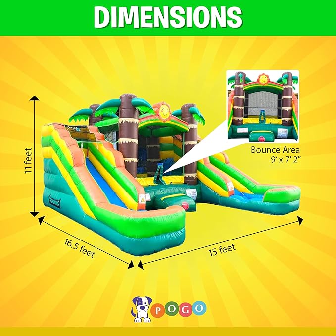 Crossover Tropical Double Water Slide Bounce House Combo, 16.5 x 15 x 11 Foot, PVC Vinyl Inflatable Bouncy House for Kids, Wet or Dry Slides, with Stakes and Storage Bag, Blower not Included