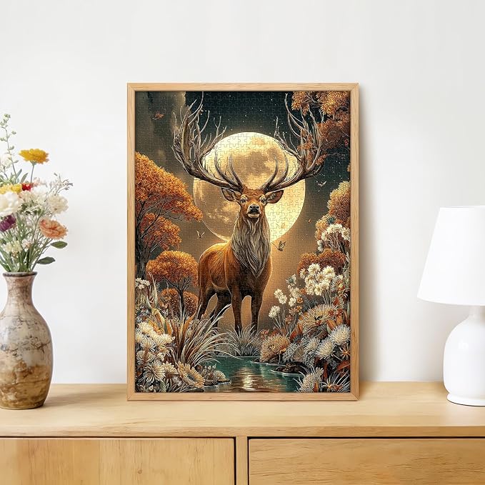 Majestic Moonlit Stag 1000 Piece Puzzle for Adults - Autumn Forest Wildlife Art, Tranquil Stream Scene, Poster & Lettered Back, 20"x28" HD, Gift for Nature Lovers
