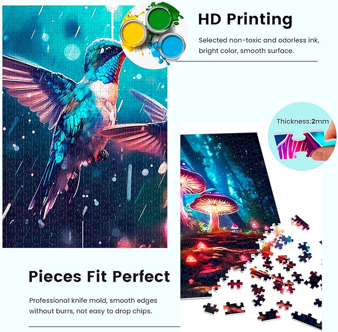 Edsjegn 2 Pack 1000 Piece Puzzle for Adults Jigsaw Puzzles 1000 Pieces 2000 Piece Puzzles for Adults Hummingbird Mushroom Jigsaw Puzzles White Elephant Gifts