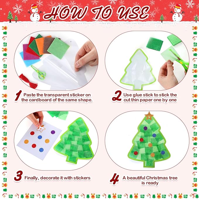 24 Sets Paper Crafts Kit with Colored Tissue Paper Sticker Tools Hanging Ornaments Suncatcher for Window Classroom Activity(48 Sets,Christmas)