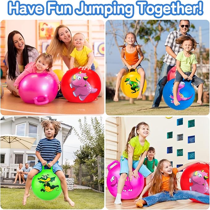 Hymaz 5 Pcs 18 inch Hopper Ball, Dinosaur Toddler Ride On Toys, Bounce Balls with Handles and Air Pump for Kids 2-6 Years, Jumping Hopping Ball for Girl Boy Outdoor Garden Fun Races