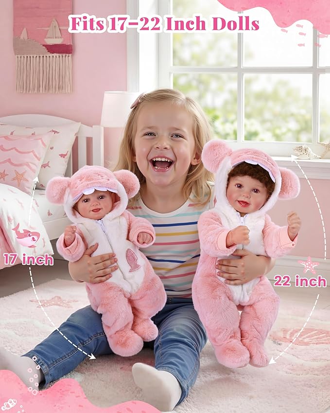BABESIDE Reborn Baby Doll Clothes Set for 17-22 Inch Babydolls – Cute Shark Hoodie Babydoll Clothes for Lifelike Reborn Baby Doll Accessories, Pink