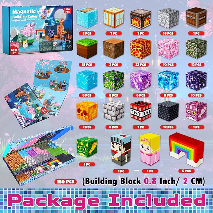 150 PCS 0.8in Magnetic Blocks - Easter Toys, Magnetic Building Blocks Cubes, Stacking Magnets, Birthday Easter Gifts for Age 3+ Years Old (Theme: Princess & Knight)