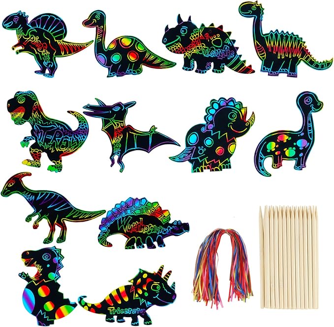 60PCS 12Style Magic Color Scratch DIY Dinosaur Paper Scratch Craft Kits Rainbow Scratch Paper Art Sets with Scratching Tools Ribbon for Party Favors Activities