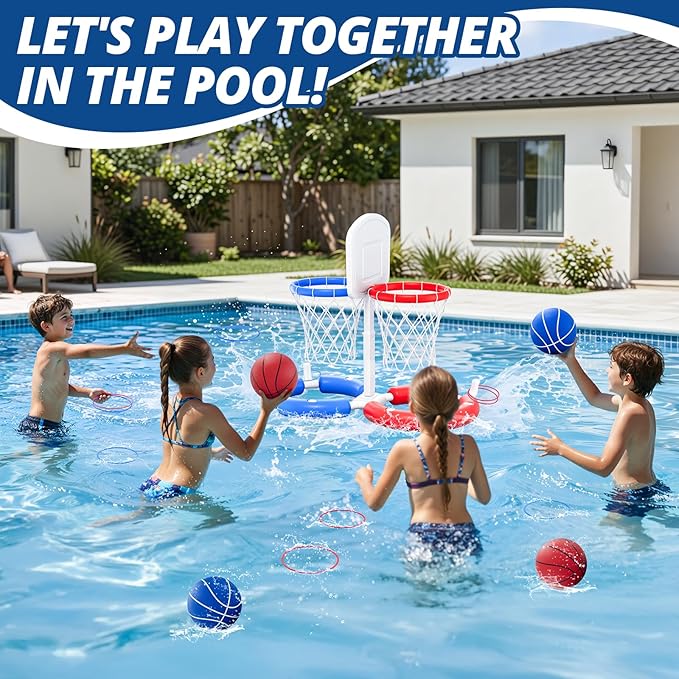 Double Pool Basketball Hoop with Backboard, 2-in-1 Floating Pool Toys Ring Toss Game, 2 Player Games Summer Outdoor Water Toys Gifts for Kids Ages 4-8 8-12 & Adults, Family Swimming Pool Party