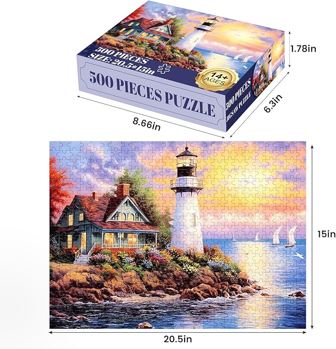 500 Piece Puzzle for Adults-Lighthouse | Recycled Cardboar Jigsaw Puzzles 500 Pieces | Challenging Family Activity Great Gift Idea for Family Friends | Difficult Puzzles Size 20.5X 15 inches