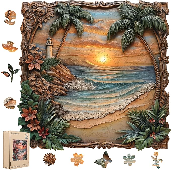 Pikoqunc Seaside Dusk Wooden Puzzles,200 Pieces 11.4x11.1 Inches,Laser-Cut Art Jigsaw with Challenging Irregular Pieces,Relaxing Brain Teaser and Elegant Gift for Adults and Puzzle Lovers