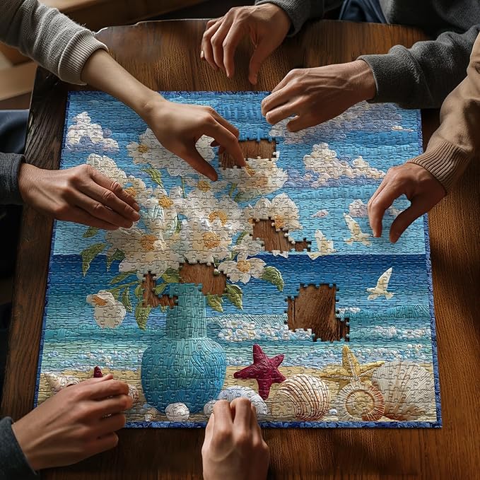 Beach Puzzles for Adults 1000 Piece, Flower Puzzles Ocean Seashells Bird, Floral Challenge Jigsaw Puzzle