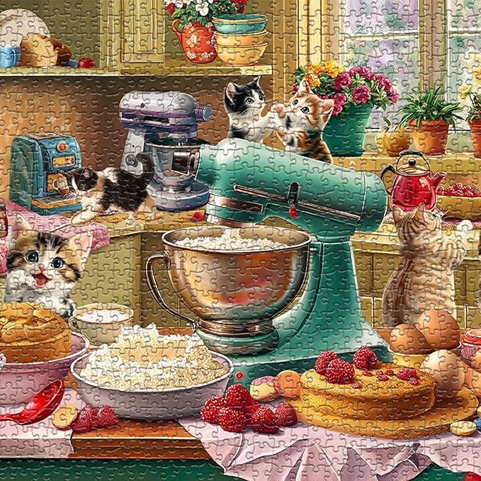 Cat Puzzles for Adults 1000 Pieces, Funny Puzzles Kittens, Food Cake Cat in Kitchen Puzzle, Animal Kitty Jigsaw Puzzle Challenge