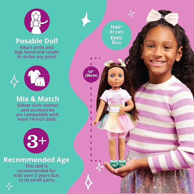 Glitter Girls – 14-Inch Fashion Doll – Brown Hair & Blue Eyes – Ice Cream Outfit & Tutu Skirt– Hair Bow & Glitter Sandals – 3+ Years – Kika
