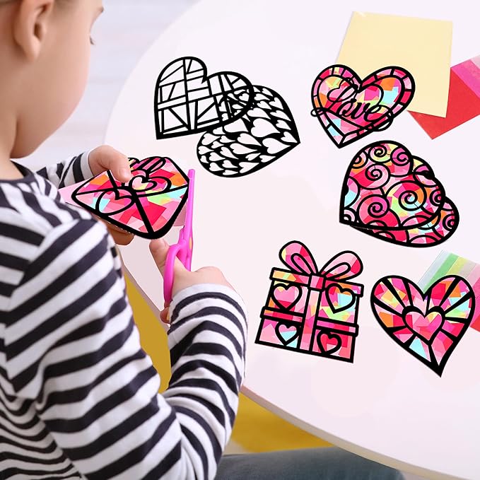 Renbuzhu 40PCS Valentines Day Crafts: Paper Heart Suncatchers, Christmas Valentine's Classroom DIY Kits, Window Stained Glass Effect Art Supplies