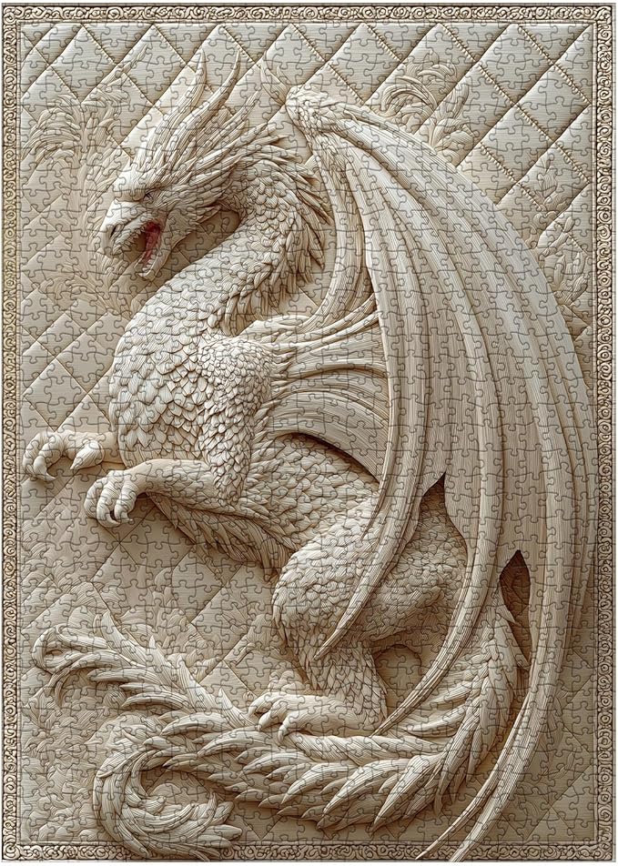 3 D Dragon Puzzles for Adults 1000 Pieces, Beautiful Difficult Animal Quilt Jigsaw Puzzle, Art Challenging Embroidery White Puzzle